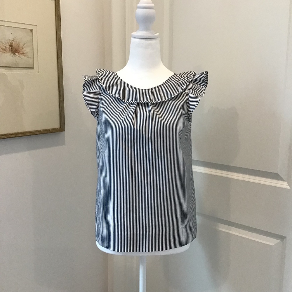 NWOT J Crew SZ 2P Sleeveless‎ Gray & White Stripe Scoop Back Ruffle Neck Top